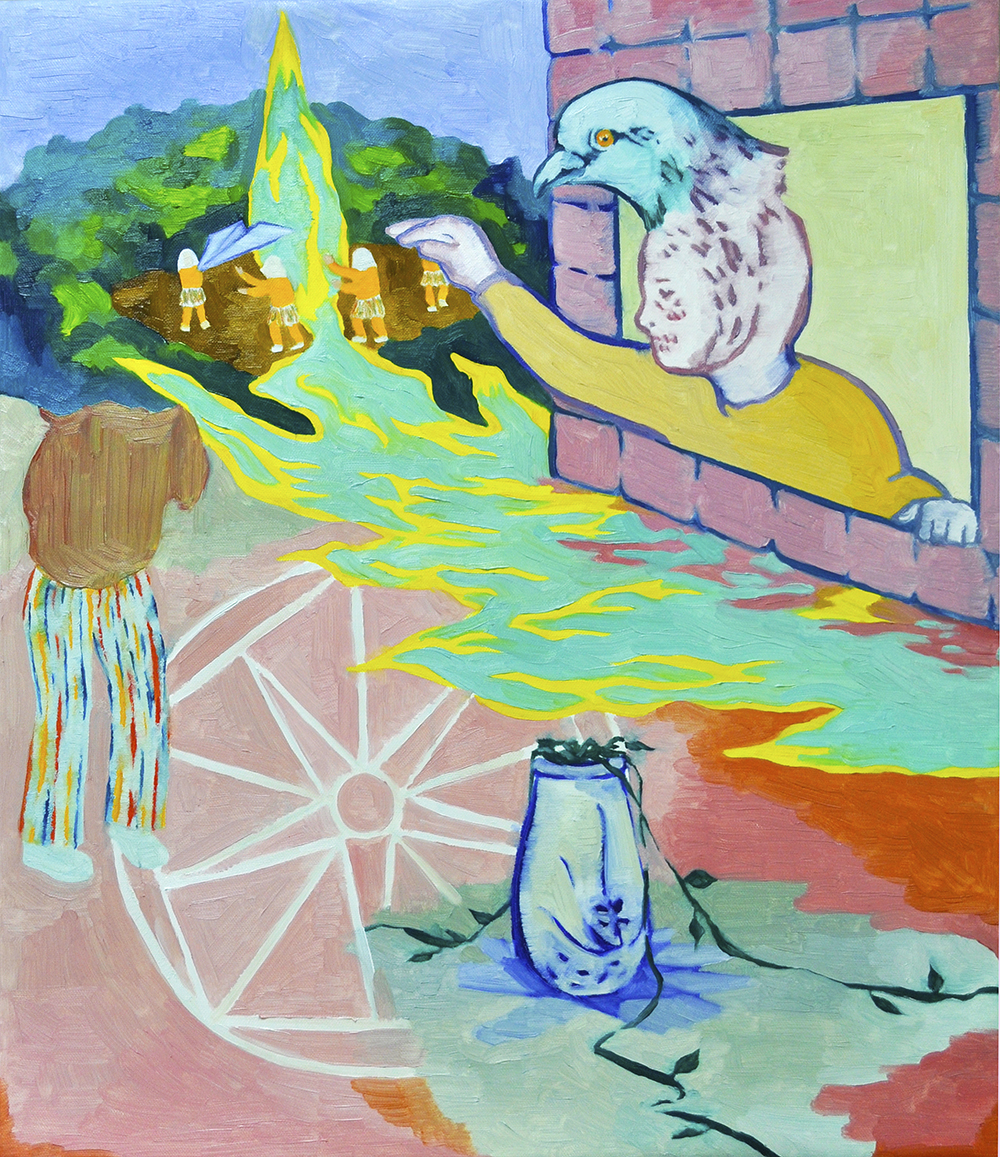 불 타는 물과 비둘기 모자를 쓴 사람과 상황들, 2021, oil on canvas, 53cm x 45.5cm.jpg
